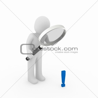 3d man human loupe exclamation mark 