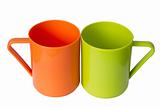 Orange and green plastic coffee cup