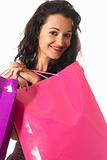 Young woman with shopping bags close-up isolated on white background