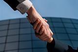 Handshake unrecognizable business man and woman on modern building background