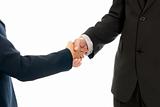 Handshake unrecognizable business man and woman isolated on white background