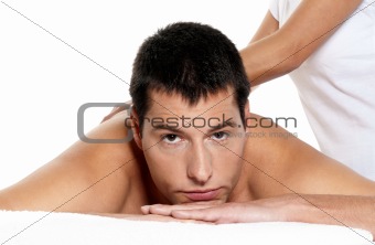 Man receiving massage relax treatment close-up portrait from female hands
