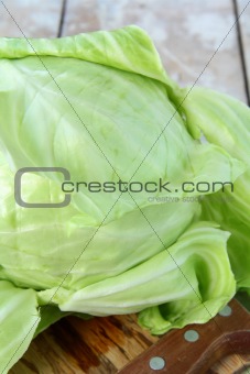 Green cabbage on the wooden table background