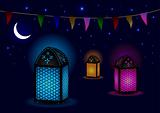 Beautiful Islamic Lamps with Crescent and Stars - Vector