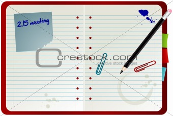 Red notebook with different office objects