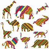 Set of African animals made of ethnic textures