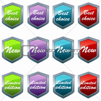 Shiny shields in different colors with different messages