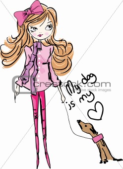 illustration girl with cute dog