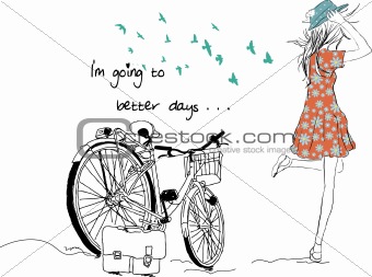 summer bicycle vintage vector girl