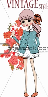 illustration girl flowers pattern