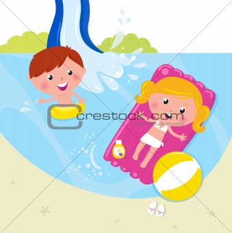 Summer and vacation: two children swimming in the pool
