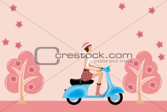 Scooter girl on cherry blossoms