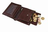 brown leather wallet and coins