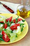 fresh salad with tomato and arugula, olive oil in the background