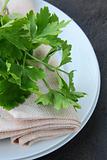 plates with a linen napkin and a sprig of parsley - organic menu