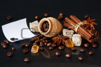Coffee beans and spices.