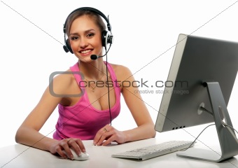 pretty girl works on a computer