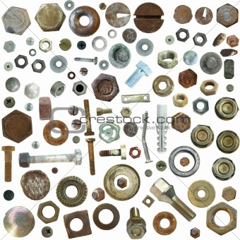 Big collection old rusty Screw heads, bolts, steel nuts,old metal nail, isolated on white background
