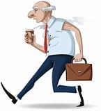 Old Businessman Walks with Briefcase and Coffee