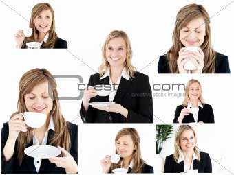 Collage of two blonde women enjoying some coffee