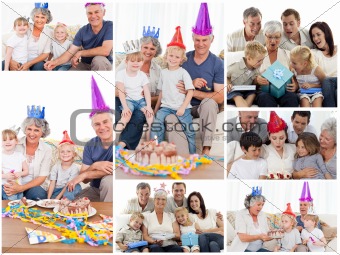 Collage of families enjoying celebration moments together at hom