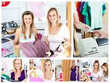 Collage of two attractive women doing shopping