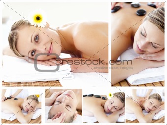 Collage of an attractive young girl being massaged 
