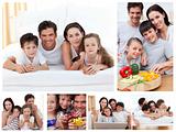 Collage of a family spending time together at home