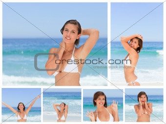 Collage of an attractive brunette woman posing on a beach