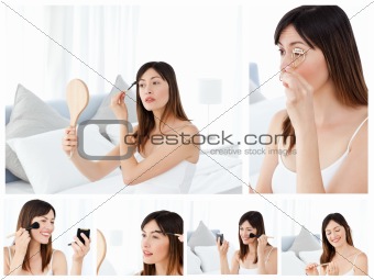 Collage of an attractive brunette woman putting make-up on