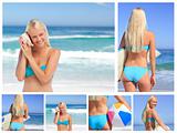 Collage of an attractive blonde woman posing on a beach