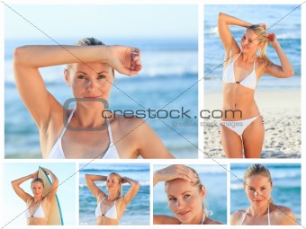Collage of a beautiful blonde woman posing on a beach