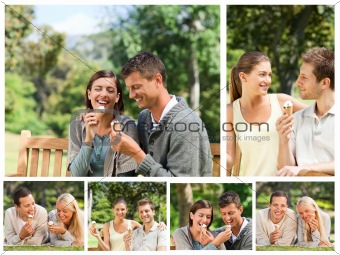 Collage of lovely couples eating ice creams in a park