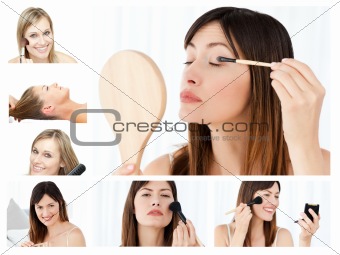 Collage of beautiful women putting make-up on