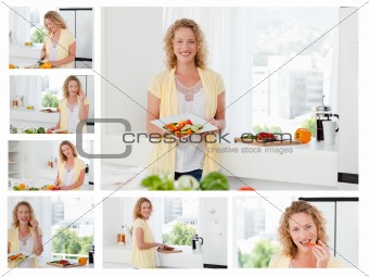 Collage of a beautiful woman cooking and eating some vegetables 