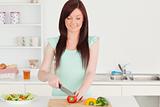 Attractive red-haired woman cutting some vegetables in the kitch