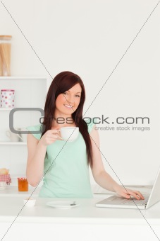 Gorgeous red-haired female relaxing with her laptop in the kitch