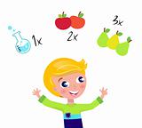 Cute blond boy learning math and counting isolated on white
