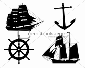 silhouettes of sailboats,  anchors  and steering wheel