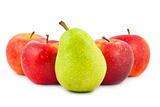 Four red apples and green pear