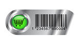Metallic buy button with bar code and cart