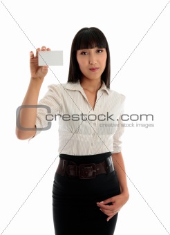 Beautiful business woman holding a credit club or business card