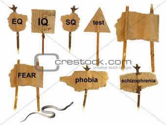 symbols of mental disorders on cardboard, isolated on white