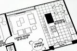 A floor plan focused on the living room and kitchen