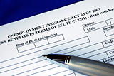 Filling the unemployment insurance application form isolated in blue