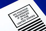 No postage is necessary to mail in the U.S. isolated on blue