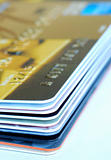 Close up view of a stack of gift cards and credit cards