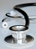 A close-up view of a black stethoscope