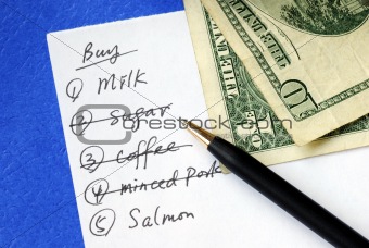 Buy some groceries from the buying list isolated on blue
