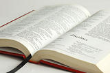 An opened bible focused on the word Psalms